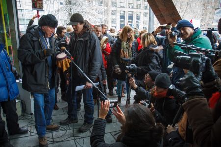 Speakers and performers at Montréal's Idle No More protest on Friday, January 11th were surrounded by a veritable media circus. (Robin Dianoux)