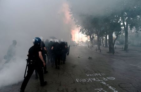 Turkish riot police enter Istanbul's Taksim Square on June 11, 2013. (Aris Messinis)