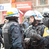 Riot Police start cleaning up small pockets of resistance during Montreal's 18th annual Protest against Police Brutality.