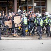 Protesters pedestrians alike get pushed around by police at Montreal's 18th annual Protest against Police Brutality. 