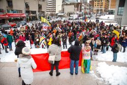 Protesters gathered in Place des Spectacles, filling the square. (Robin Dianoux)